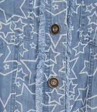 Multiples Denim Print Point Collar 3/4 Flounce Sleeve Button Front Jacket