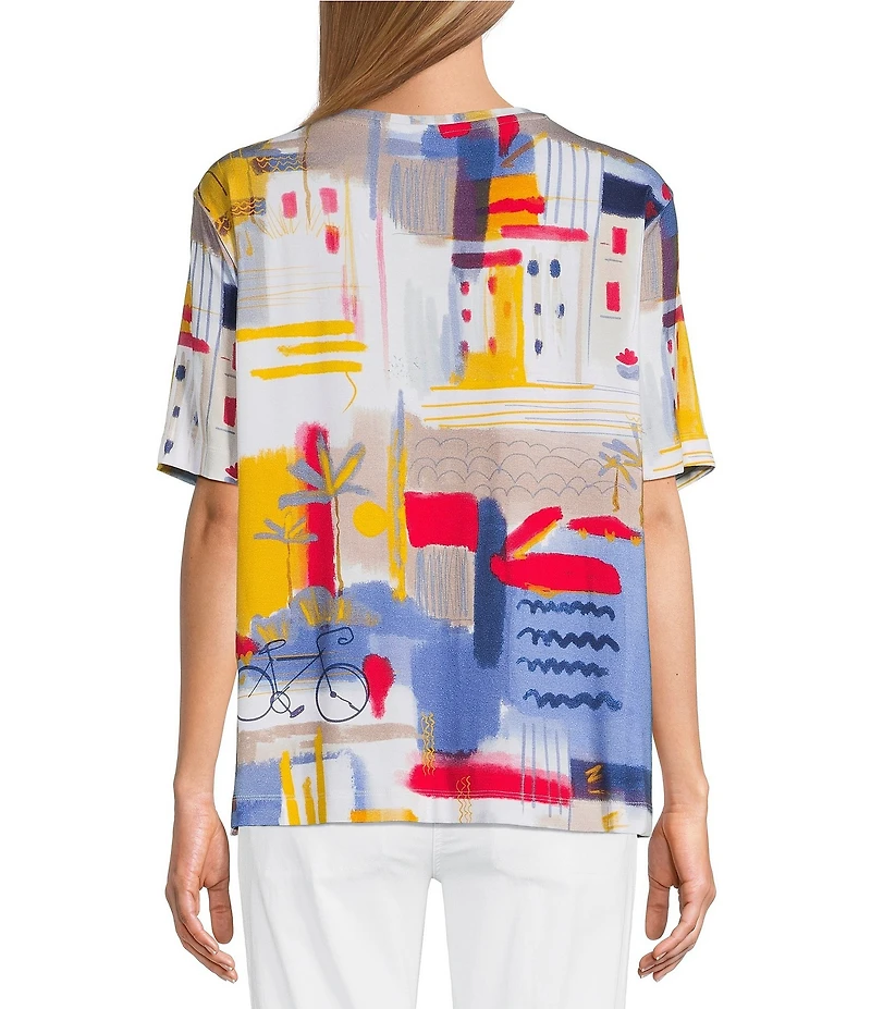 Multiples Embellished Printed Scoop Neck Short Sleeve Fitted Knit Top