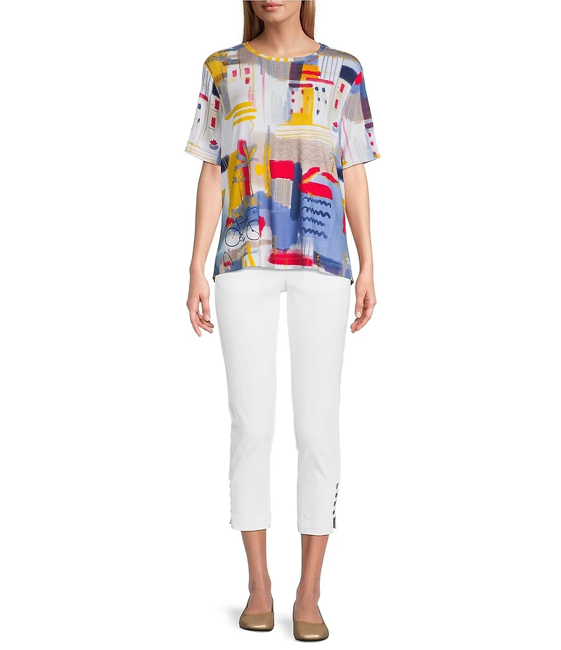 Multiples Embellished Printed Scoop Neck Short Sleeve Fitted Knit Top