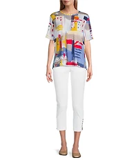 Multiples Embellished Printed Scoop Neck Short Sleeve Fitted Knit Top