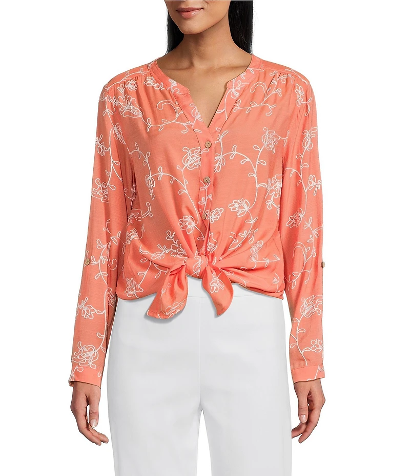 Multiples Embroidered Crinkle Woven Tie-Front Shirt