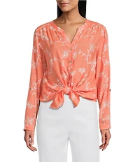 Multiples Embroidered Crinkle Woven Tie-Front Shirt