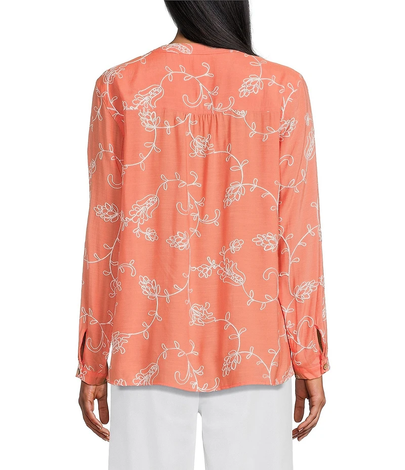 Multiples Embroidered Crinkle Woven Tie-Front Shirt