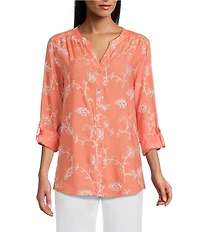 Multiples Embroidered Crinkle Woven Tie-Front Shirt