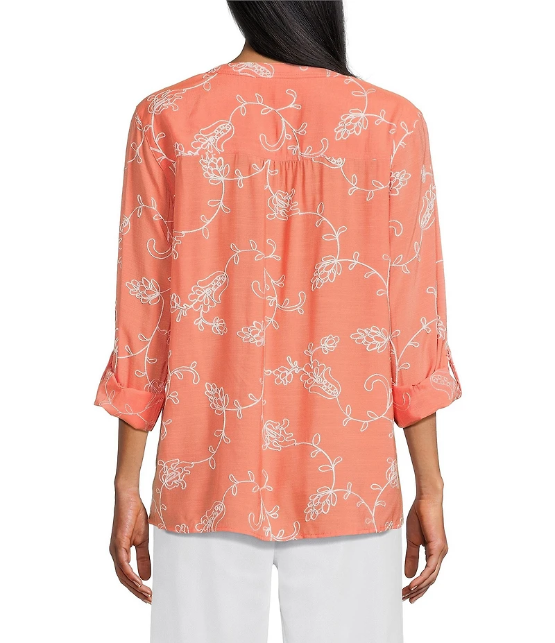 Multiples Embroidered Crinkle Woven Tie-Front Shirt