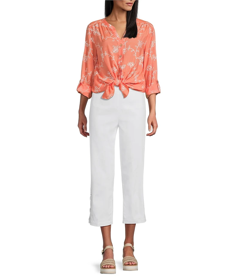 Multiples Embroidered Crinkle Woven Tie-Front Shirt