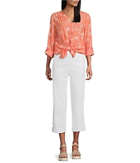 Multiples Embroidered Crinkle Woven Tie-Front Shirt