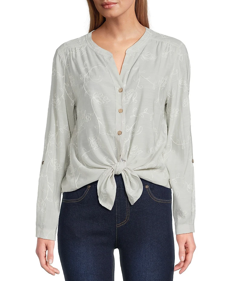 Multiples Embroidered Crinkle Woven Tie-Front Shirt