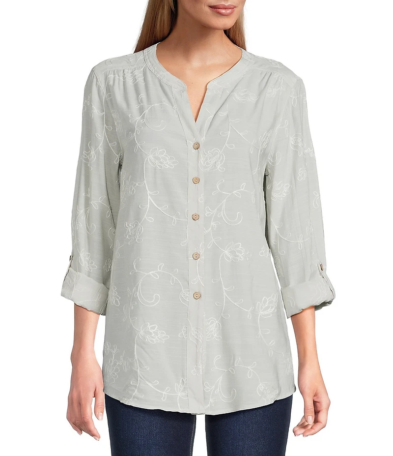Multiples Embroidered Crinkle Woven Tie-Front Shirt