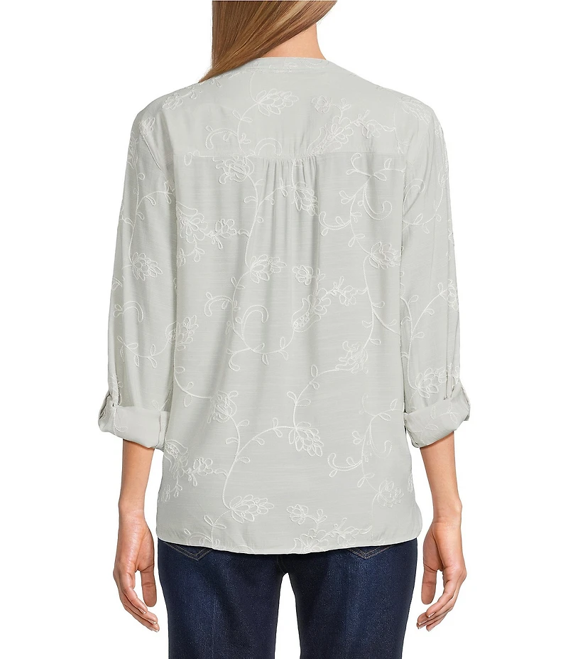 Multiples Embroidered Crinkle Woven Tie-Front Shirt