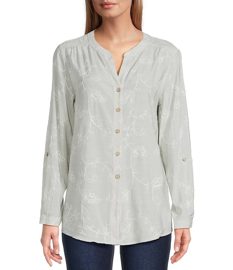 Multiples Embroidered Crinkle Woven Tie-Front Shirt