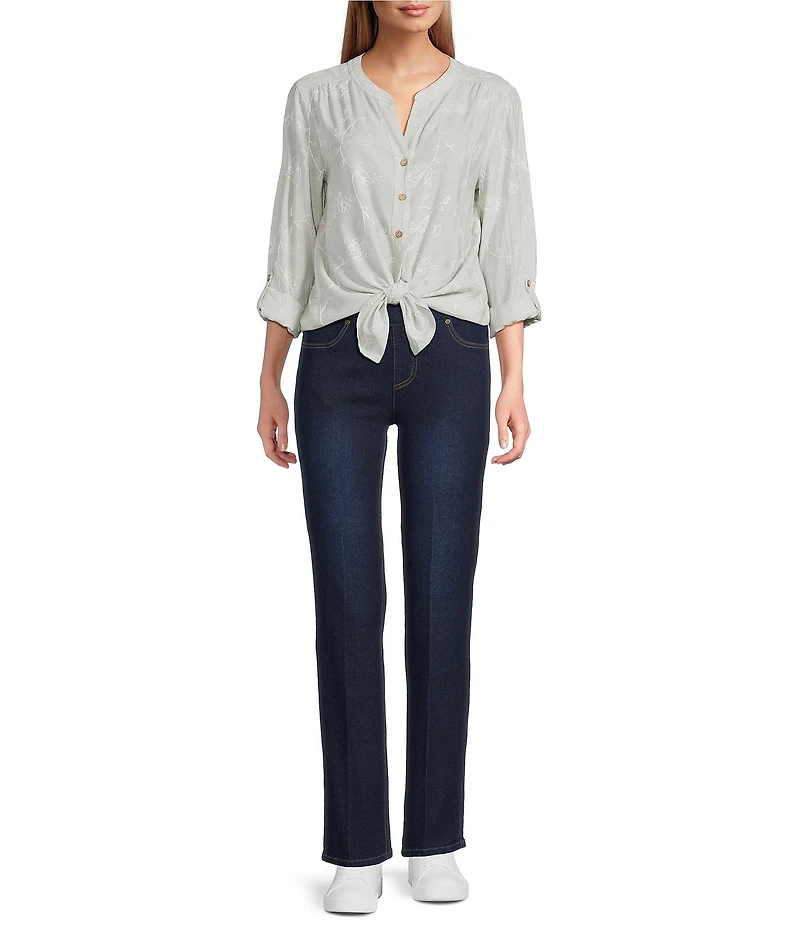 Multiples Embroidered Crinkle Woven Tie-Front Shirt