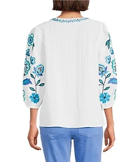 Multiples Embroidered Floral Split V-Neck 3/4 Sleeve Top