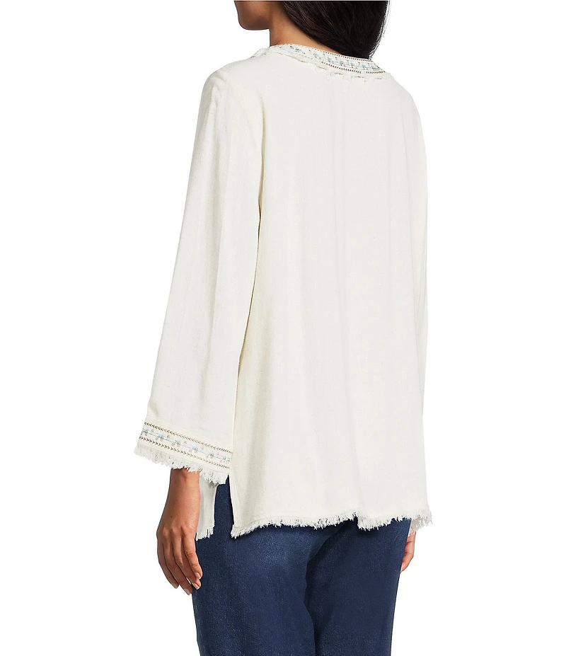 Multiples Embroidered Textured V-Neck 3/4 Sleeve Fringe Edge Top