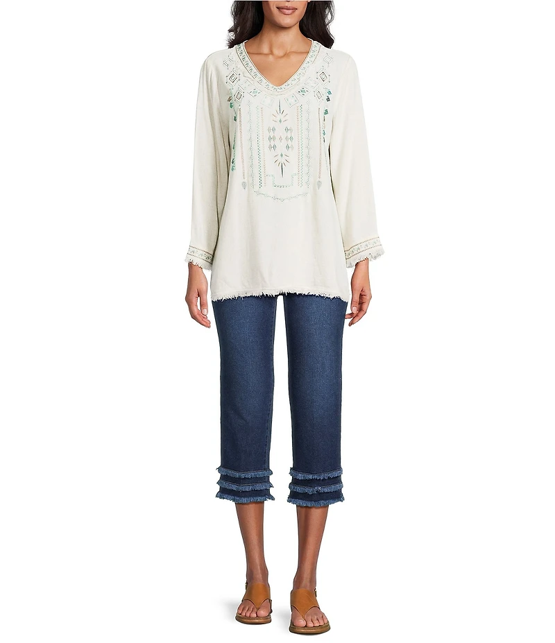Multiples Embroidered Textured V-Neck 3/4 Sleeve Fringe Edge Top