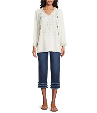 Multiples Embroidered Textured V-Neck 3/4 Sleeve Fringe Edge Top