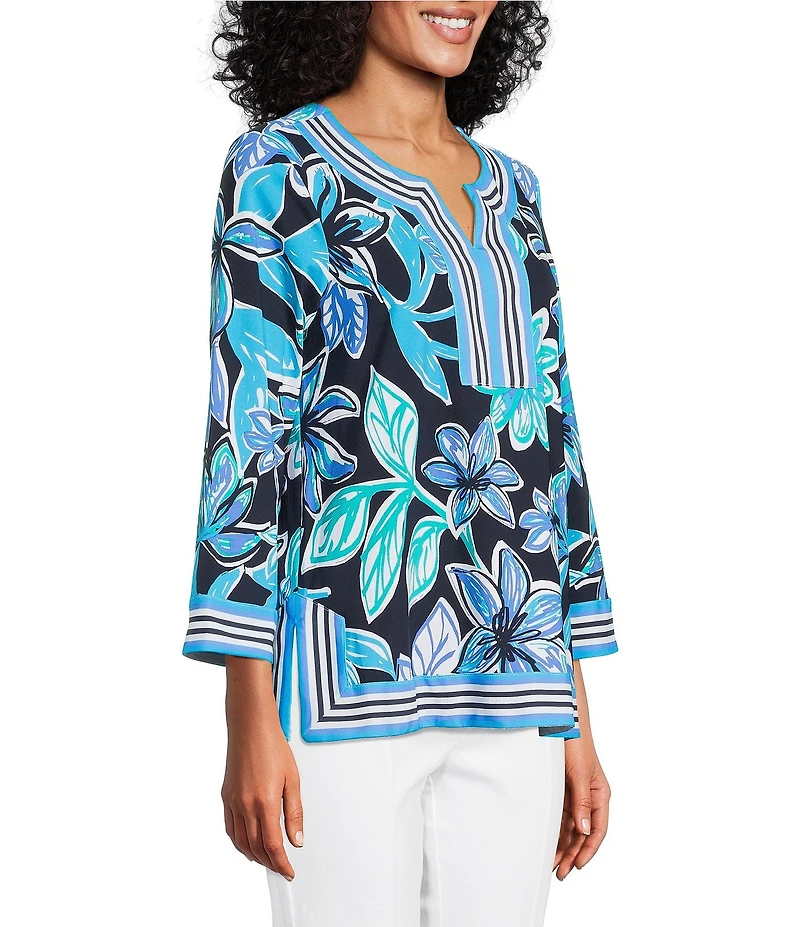 Multiples Floral Stripe Split V-Neck 3/4 Sleeve Side Vents Top