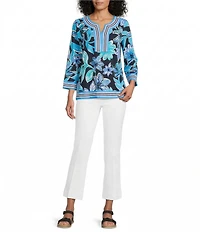Multiples Floral Stripe Split V-Neck 3/4 Sleeve Side Vents Top