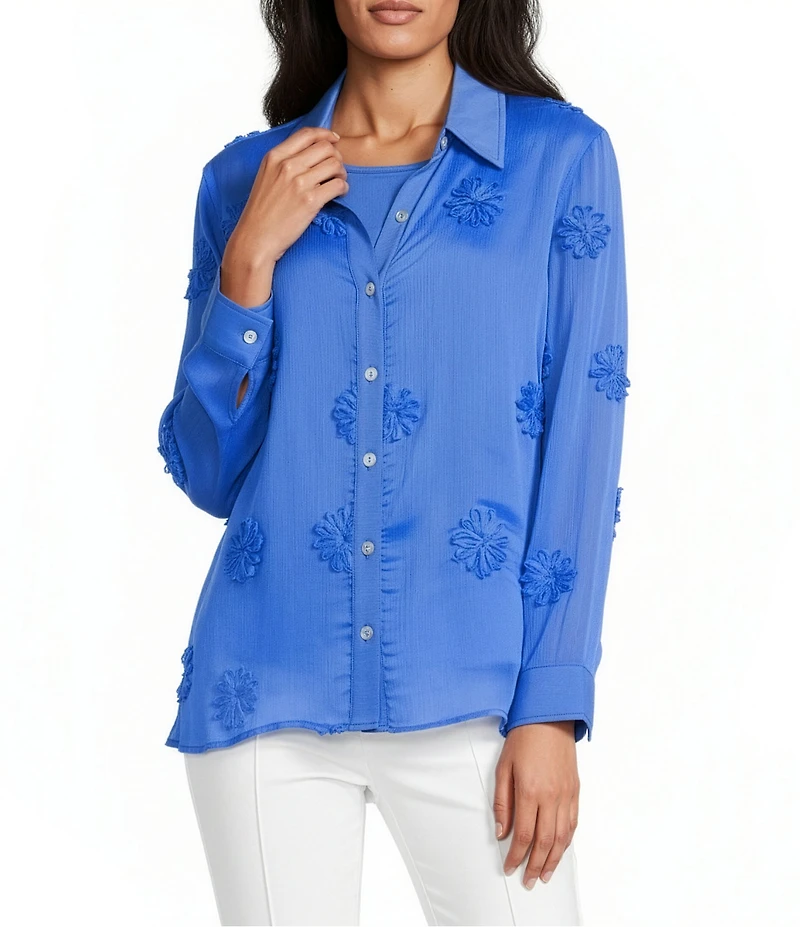 Multiples Flower Tim Point Collar Long Sleeve Button Front 2-Piece Tank Top