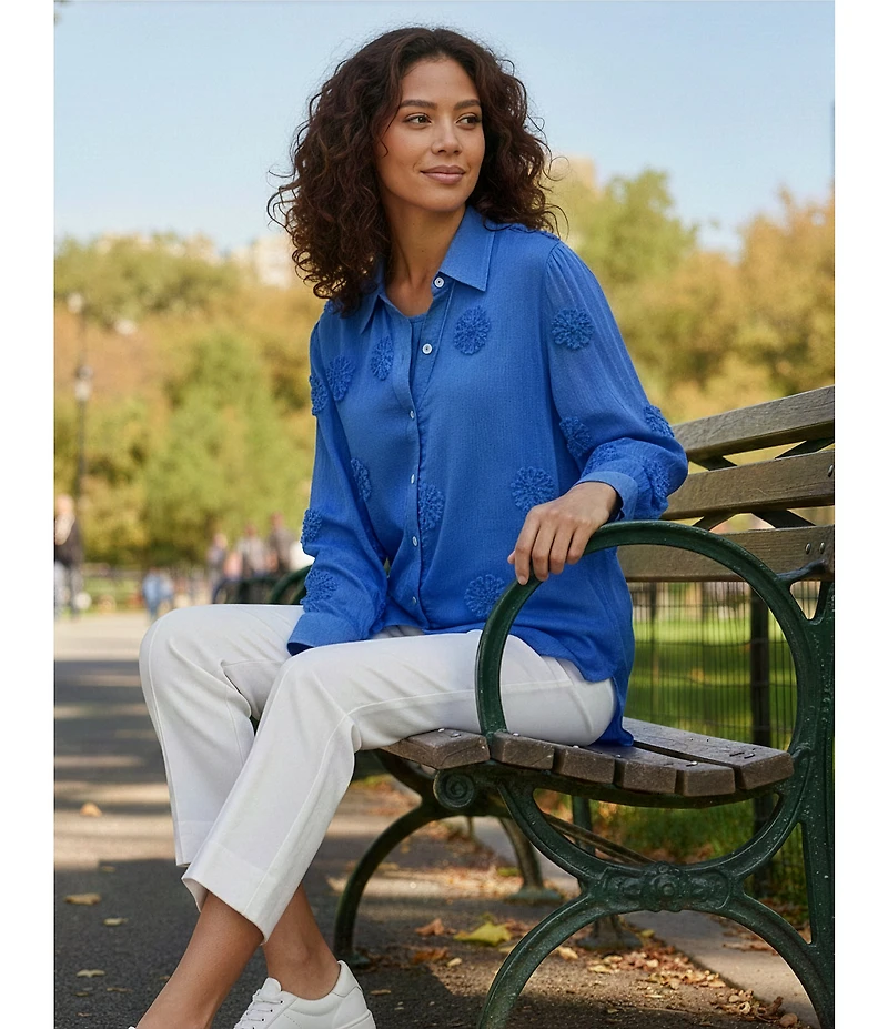 Multiples Flower Tim Point Collar Long Sleeve Button Front 2-Piece Tank Top