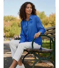 Multiples Flower Tim Point Collar Long Sleeve Button Front 2-Piece Tank Top