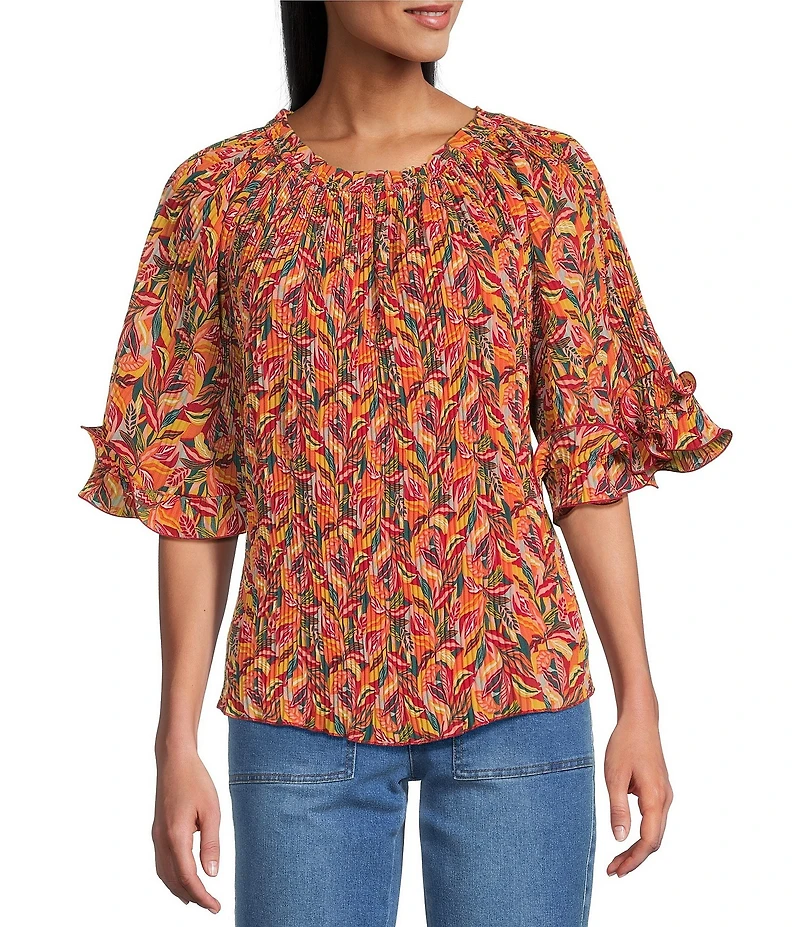 Multiples Georgette Allover Pleated Printed Elastic Neck Elbow Sleeve Loose Top