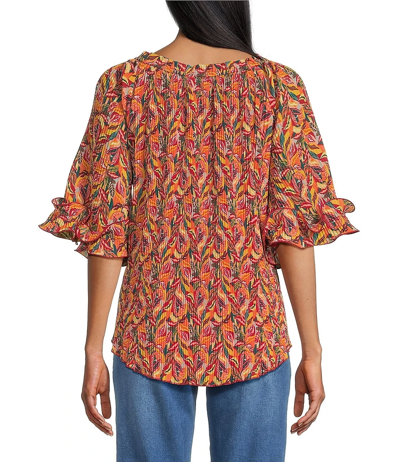 Multiples Georgette Allover Pleated Printed Elastic Neck Elbow Sleeve Loose Top