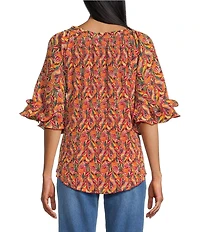 Multiples Georgette Allover Pleated Printed Elastic Neck Elbow Sleeve Loose Top