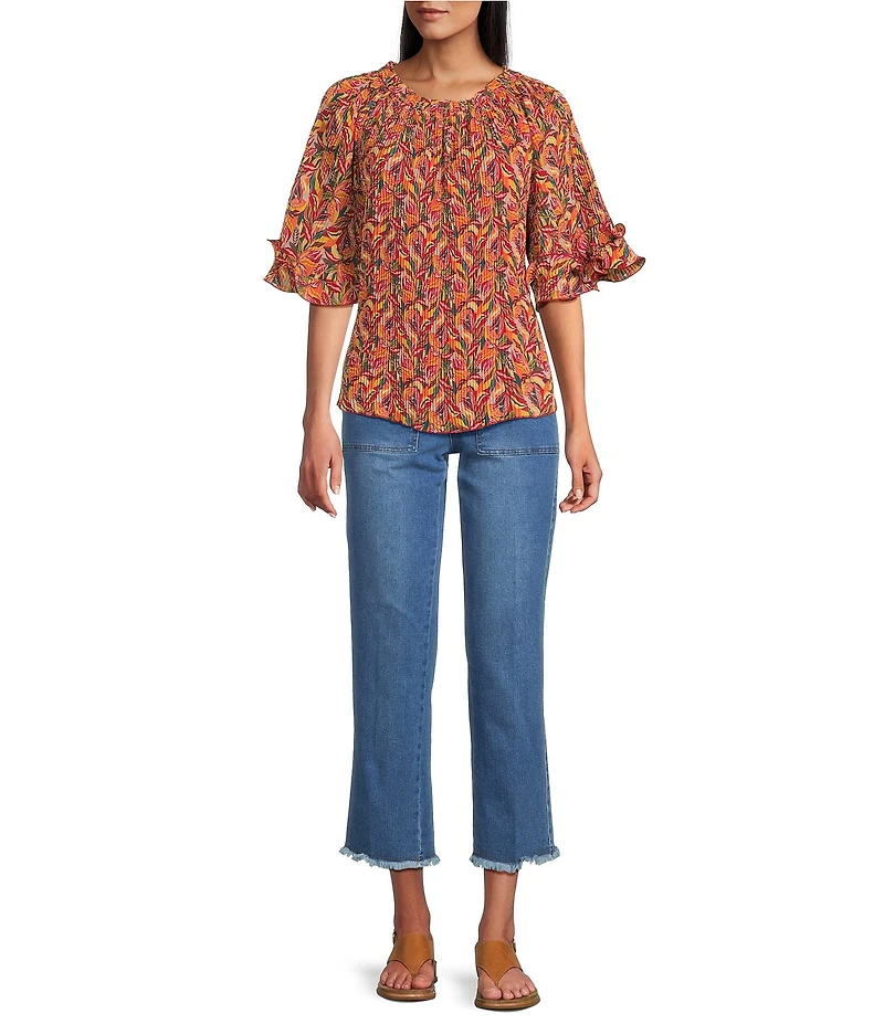 Multiples Georgette Allover Pleated Printed Elastic Neck Elbow Sleeve Loose Top