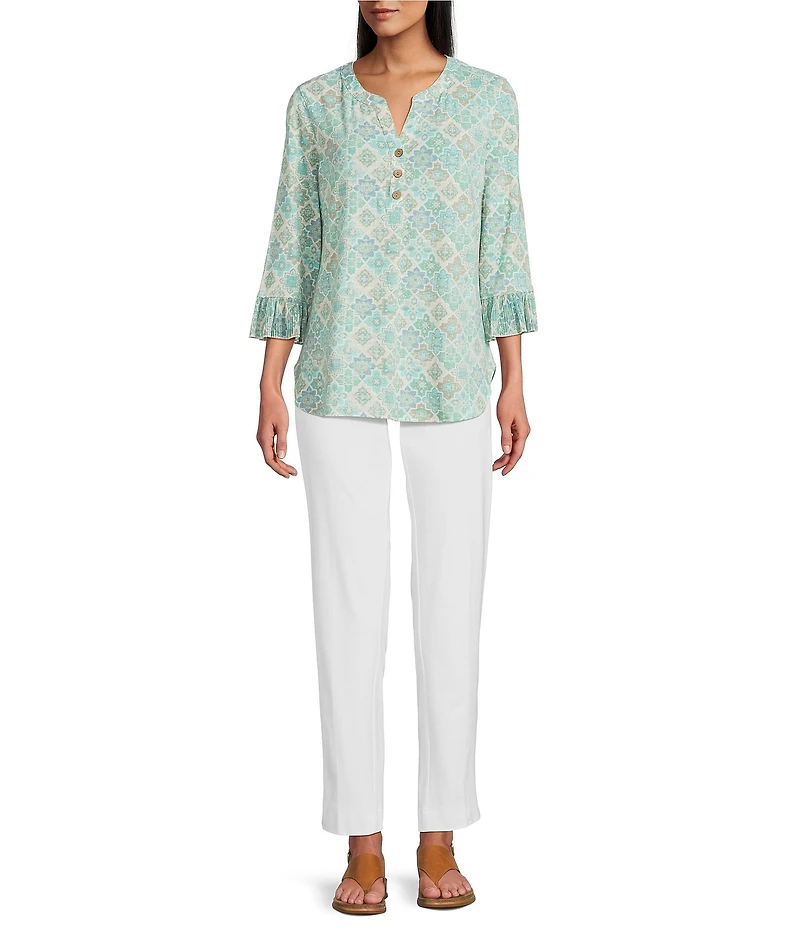 Multiples Georgette Printed Split V-Neck 3/4 Pleated Flounce Sleeve Knit Top