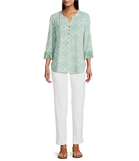 Multiples Georgette Printed Split V-Neck 3/4 Pleated Flounce Sleeve Knit Top