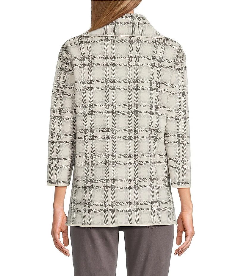 Multiples Jacquard Knit Plaid Cowl Neck 3/4 Sleeve Top