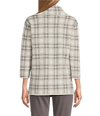 Multiples Jacquard Knit Plaid Cowl Neck 3/4 Sleeve Top