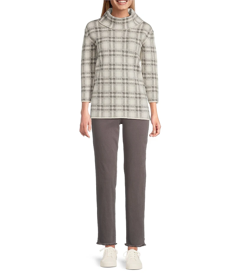 Multiples Jacquard Knit Plaid Cowl Neck 3/4 Sleeve Top