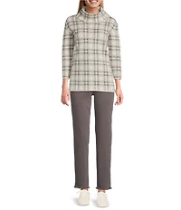 Multiples Jacquard Knit Plaid Cowl Neck 3/4 Sleeve Top