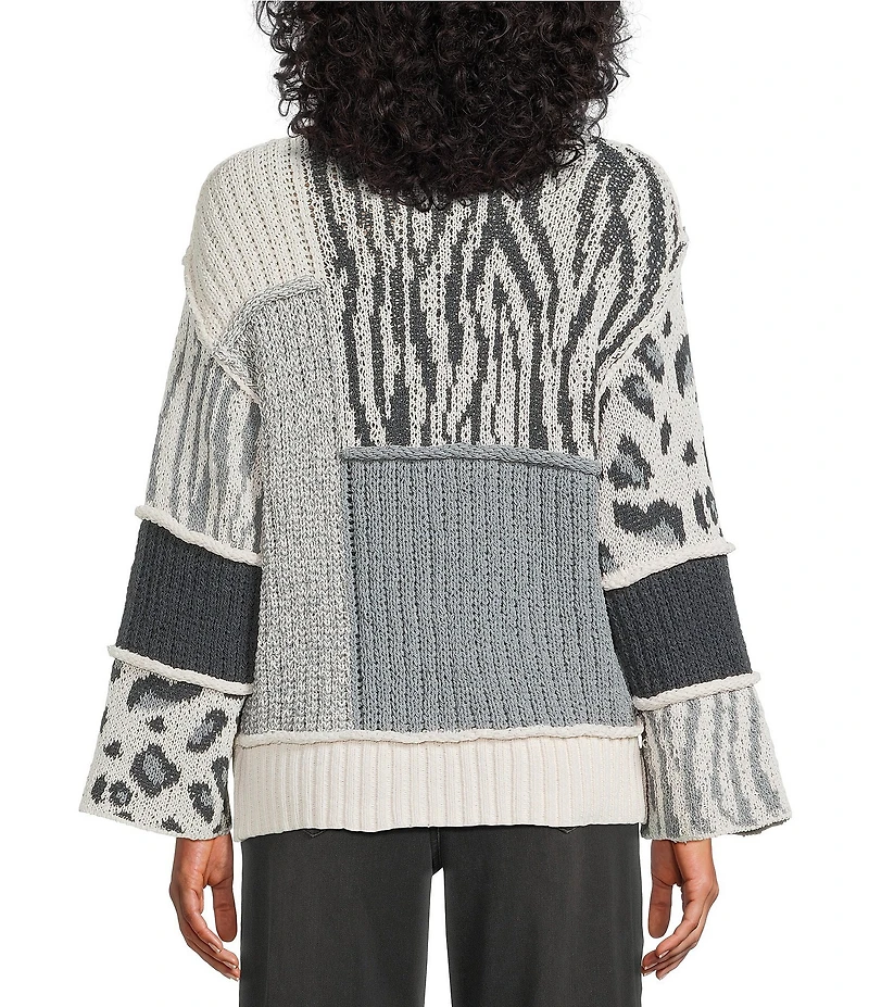 Multiples Jacquard Knit Solid Mixed Print Collared 3/4 Sleeve Button Front Cardigan