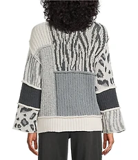 Multiples Jacquard Knit Solid Mixed Print Collared 3/4 Sleeve Button Front Cardigan