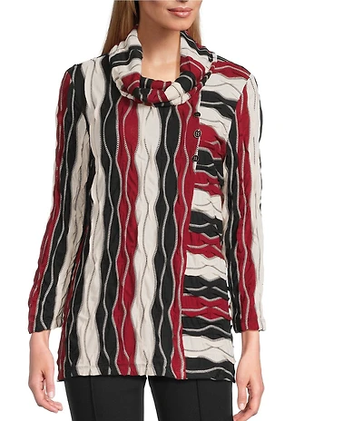 Multiples Jacquard Knit Textured Wavy Stripe Print Collar Neck 3/4 Sleeve Top
