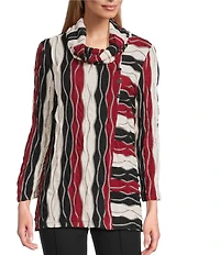 Multiples Jacquard Knit Textured Wavy Stripe Print Collar Neck 3/4 Sleeve Top