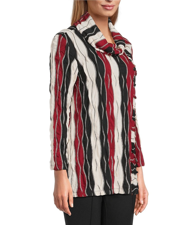 Multiples Jacquard Knit Textured Wavy Stripe Print Collar Neck 3/4 Sleeve Top