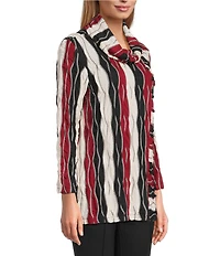 Multiples Jacquard Knit Textured Wavy Stripe Print Collar Neck 3/4 Sleeve Top