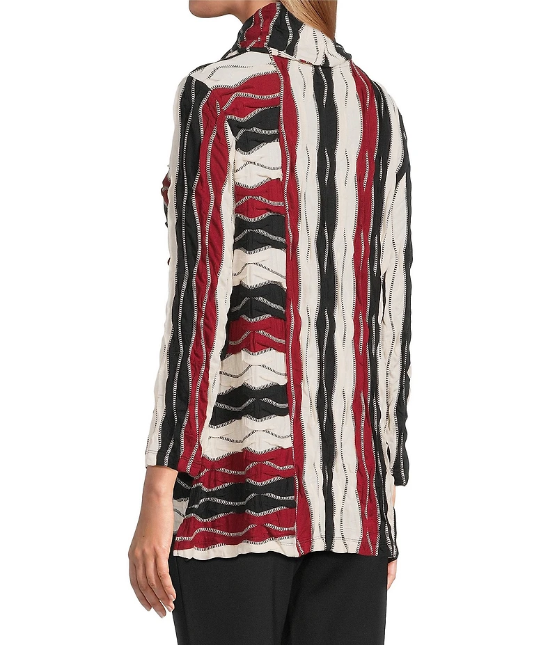 Multiples Jacquard Knit Textured Wavy Stripe Print Collar Neck 3/4 Sleeve Top