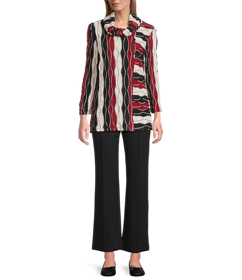 Multiples Jacquard Knit Textured Wavy Stripe Print Collar Neck 3/4 Sleeve Top