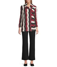 Multiples Jacquard Knit Textured Wavy Stripe Print Collar Neck 3/4 Sleeve Top