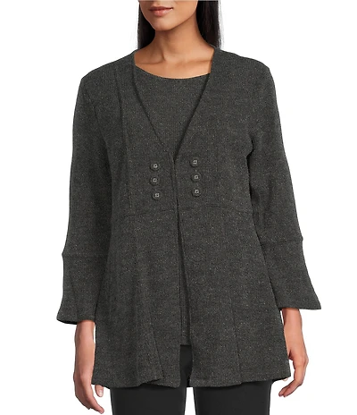 Multiples Knit 3/4 Flounce Sleeve Long Cardigan Matching Shell Set