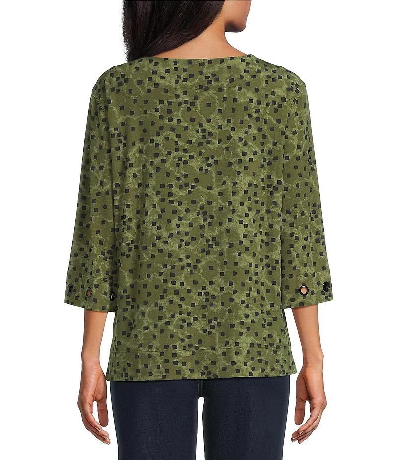 Multiples Knit Dotted Print Scoop Neck 3/4 Sleeve Top