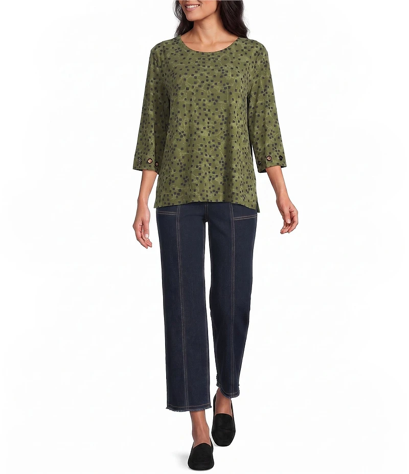 Multiples Knit Dotted Print Scoop Neck 3/4 Sleeve Top