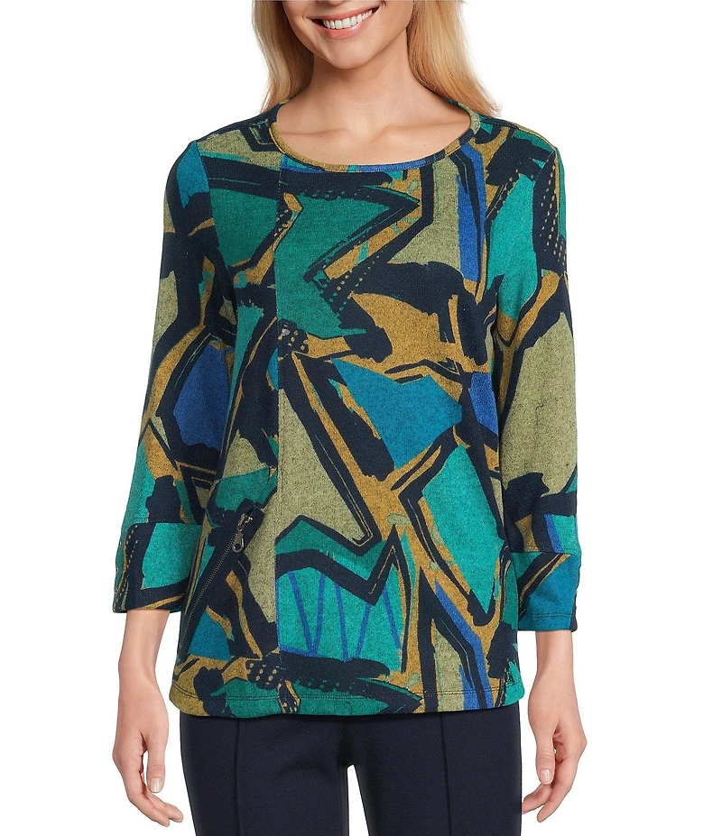Multiples Knit Geometric Print Scoop Neck 3/4 Sleeve Top