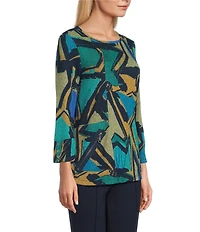 Multiples Knit Geometric Print Scoop Neck 3/4 Sleeve Top