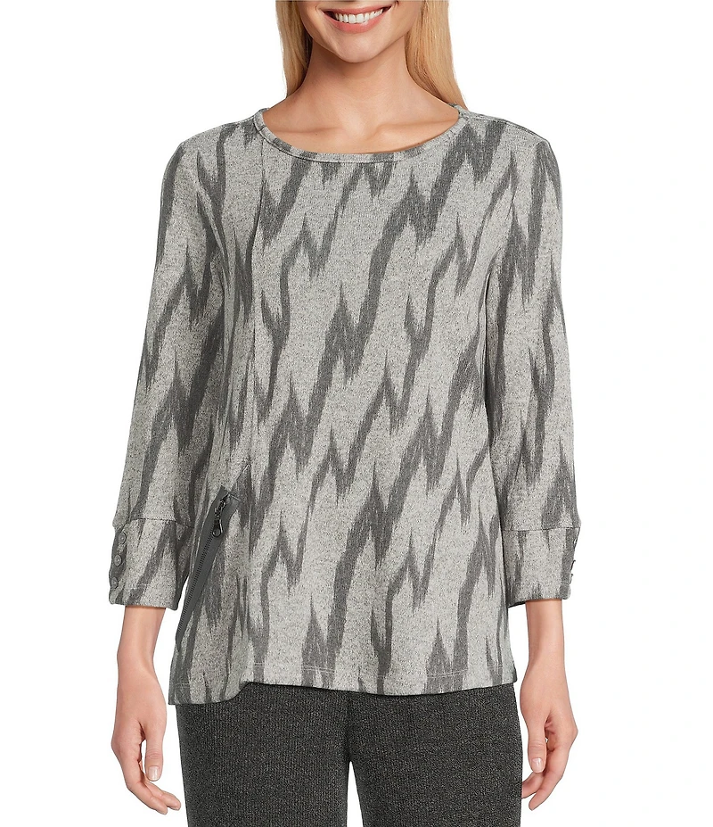 Multiples Knit Grey Print Scoop Neck 3/4 Sleeve Top